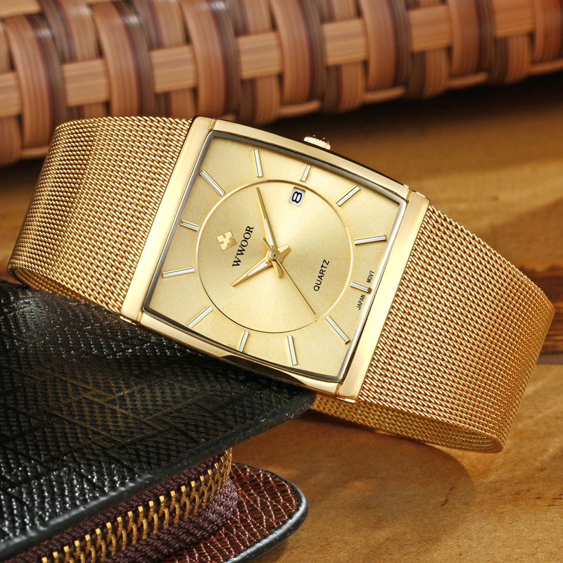 WWOOR Luxury Gold Watches For Men Square Quartz Watch Slim Steel Mesh Waterproof Date Wrist Watch Men Top Gift Relogio Masculino