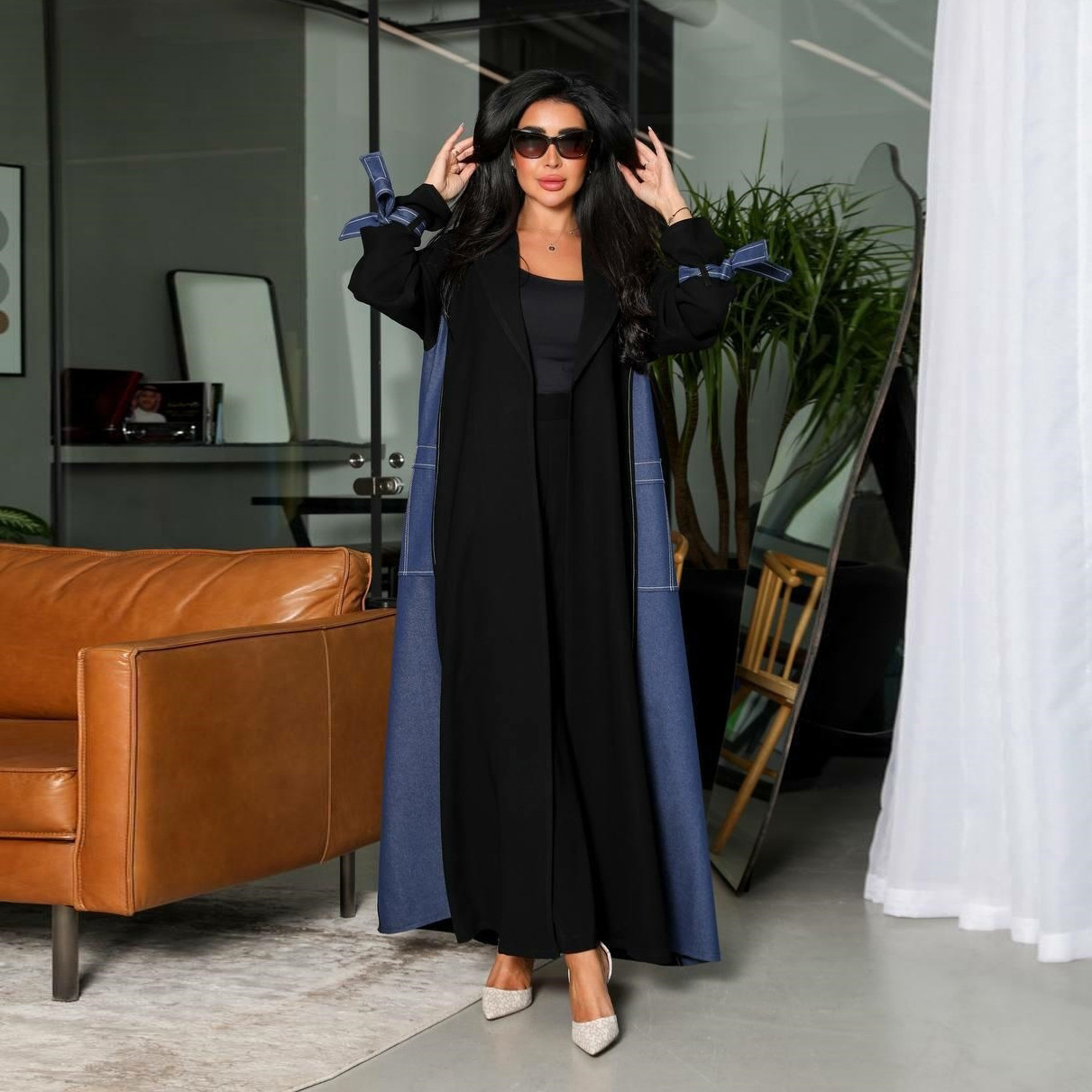 Denim Panel Black Open Abaya