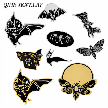 QIHE JEWELRY Gold Black Punk Ghost Skeleton Skull Bat pins Hard enamel pin Badges Brooches Halloween Spooky Dead Animal Jewelry