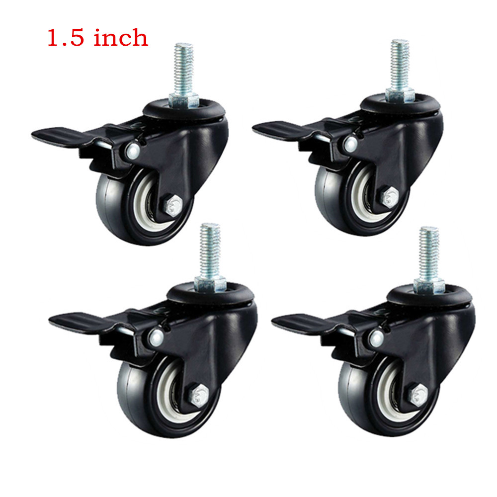 1.5 inch Swivel Casters Wheel 4pcs M8/M12 PU Rubber Swivel Casters with 360 Degree Each Wheel Capacity 50kg/110Lbs With Brake