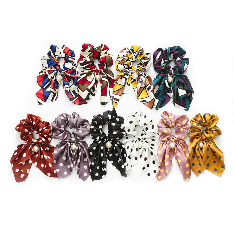 Fashion Hair Scrunchies Jewelry Ponytail Holder Bow Elastic Hair Accessories For Women Scarf Bow Tie Hair Band Ribbon Headwear