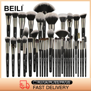 BEILI 40/35/15 Pieces Luxury Black Professional Makeup Brush Set Big Brushes Powder Foundation Blending Goat Hair Makeup Brushes