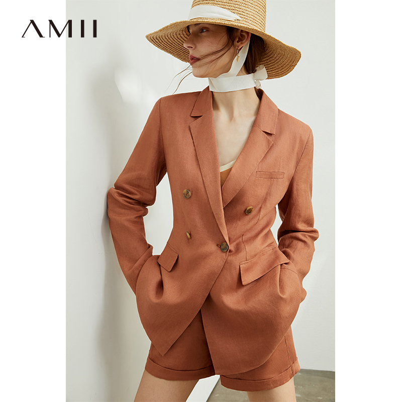 AMII Minimalism Autumn Women Set Solid Lapel Double Breasted Suit Coat High Waist Solid Pant Solid Short Female Suit 12040051