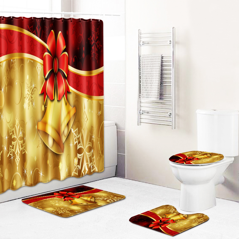 Zeegle Shower Curtain 4pcs Christmas Bath Curtain Bathroom Carpet Set Anti-slip Toilet Rug Shower Mat Absorbent Bathroom Rug Set