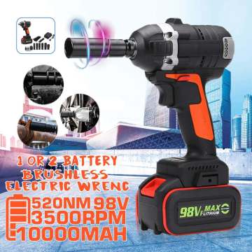 98V 520Nm 3500rpm 2 in 1 Brushless Cordless Wrench Electric Socket Impact Wrench 10000mah Lithium-lon Battery Power Tools Kit