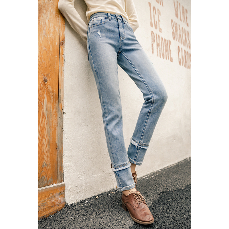 INMAN Winter Women's Ripped Jeans Fashion Stitching Raw Edge Light Color Elastic Casual Pants