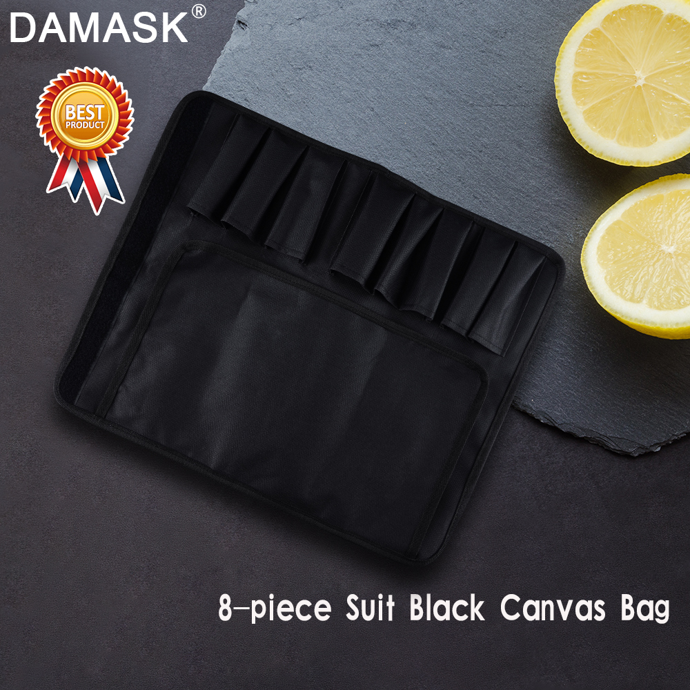 DAMASK 8 Pcs Kitchen Knife Bag Durable Black Canvas Roll Bag With 8 pockets For Kitchen Tools Chef Knife Portable Knife Holder