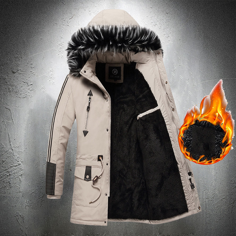 Winter Jacket Men Long Overcoat Fur Collar Fur Lined Warm Coat Men Outdoor Jacket Detachable Hood Fashion Winter Clothing Men