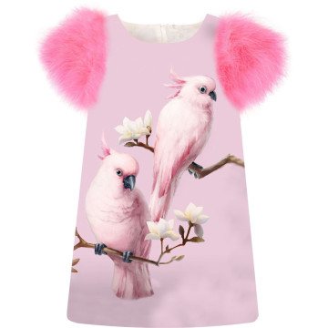 baby Girls Dress The bird print fashion Spring/Autumn faux fur sleeve dress Toddler Kids Dresses Children Clothing