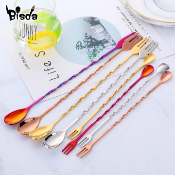 Cocktail Bar Spoons Fashion Swizzle Stainless Steel Bar Spoon With Fork Long Twisted Spoons Forks Stirring Ice Wine Tools