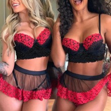 3PC Heart Print Women Sexy Lingerie Plus Size Bra Thong Panty Mini Skirt Set Christmas Sexy Lingerie Women's Underwear Set