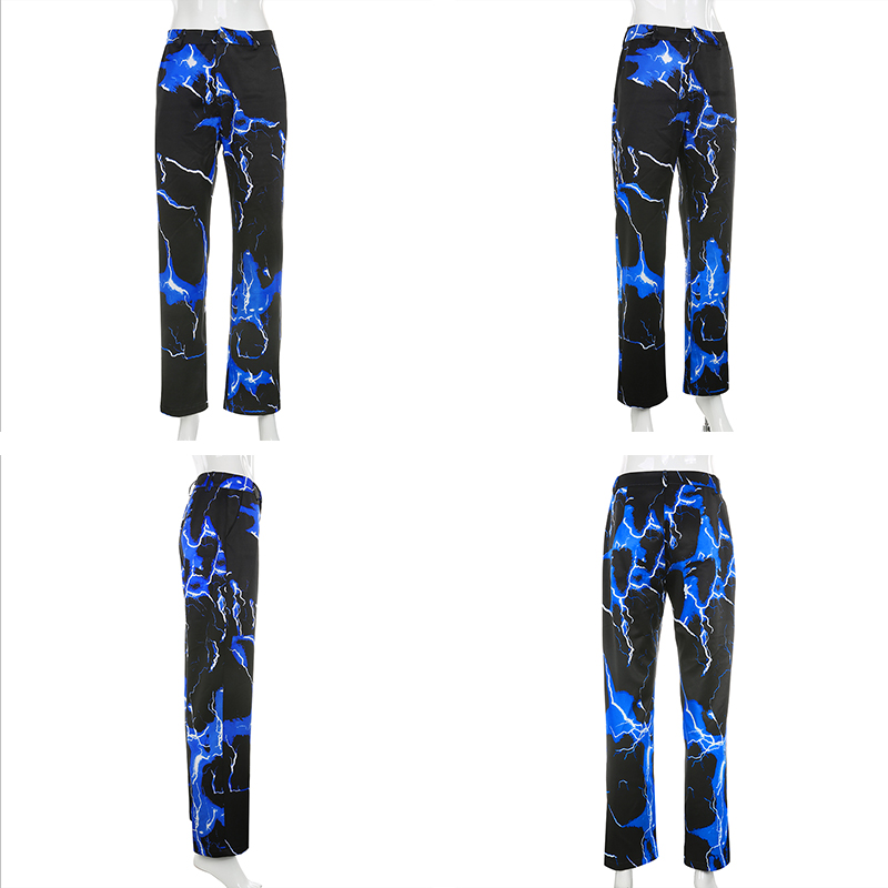 Rapwriter Streetwear Print Lightning Pants Women 2020 Autumn Winter Casual Cargo Trousers High Waist Hippie Baggy Straight Pant