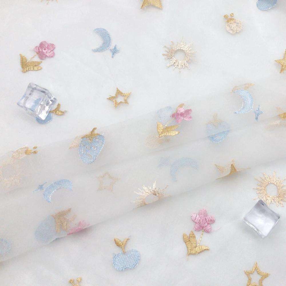1meter135cm Summer new mesh fruit star embroidery fashion tulle lace fabric diy women's skirt children's dress fabric