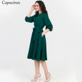 2020 Autumn Vintage Soild Lantern Sleeve A-Line Dress Women Elegant O-Neck Half Sleeve Pocket Sashes Knee-Length Casual Dress