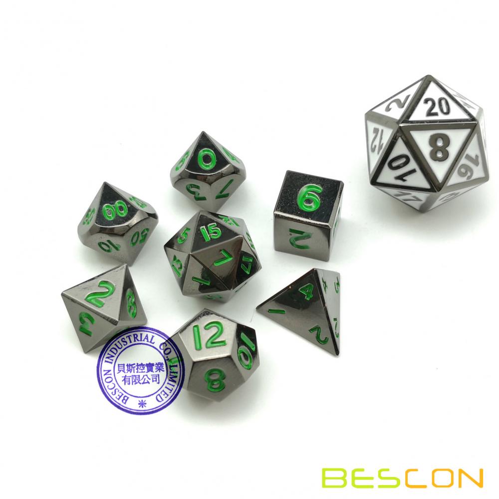 Bescon 10MM Mini Solid Metal Dice Set Glossy Black with Green Numbers, Mini Metallic Polyhedral D&D RPG Miniature Dice 7-sets