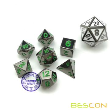 Bescon 10MM Mini Solid Metal Dice Set Glossy Black with Green Numbers, Mini Metallic Polyhedral D&D RPG Miniature Dice 7-sets