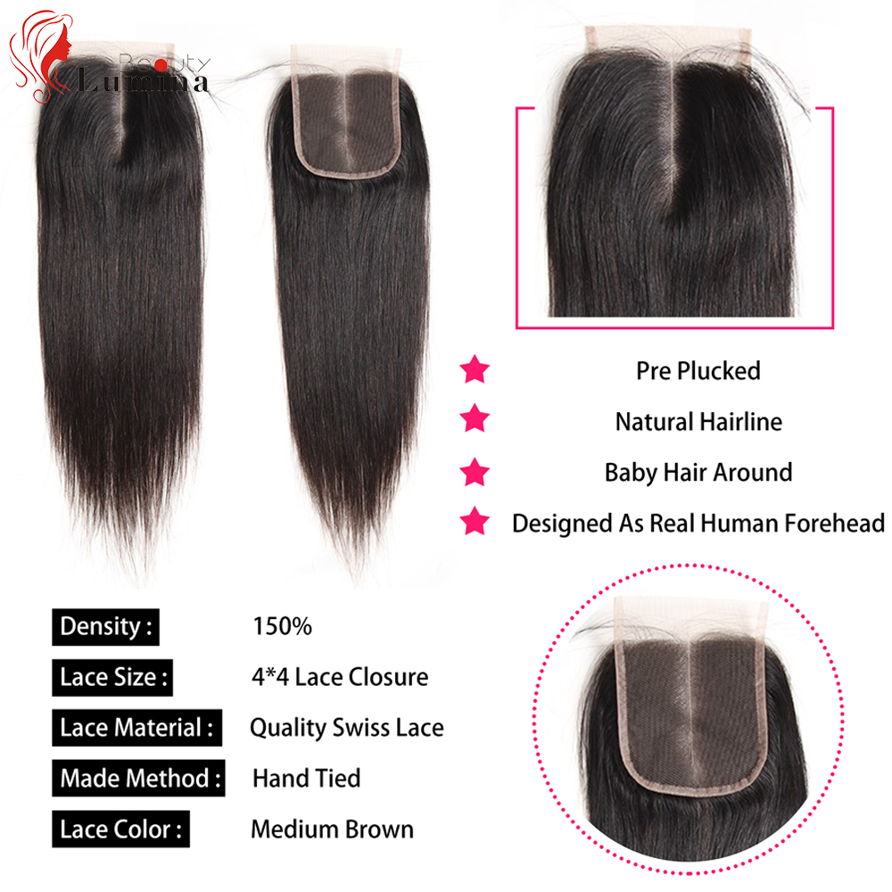 Straight Lace Closure Pre Plucked With Baby Hair Natural Hairline Brazilian Remy Human Hair 4x4 Closure Hair Beauty Lumina