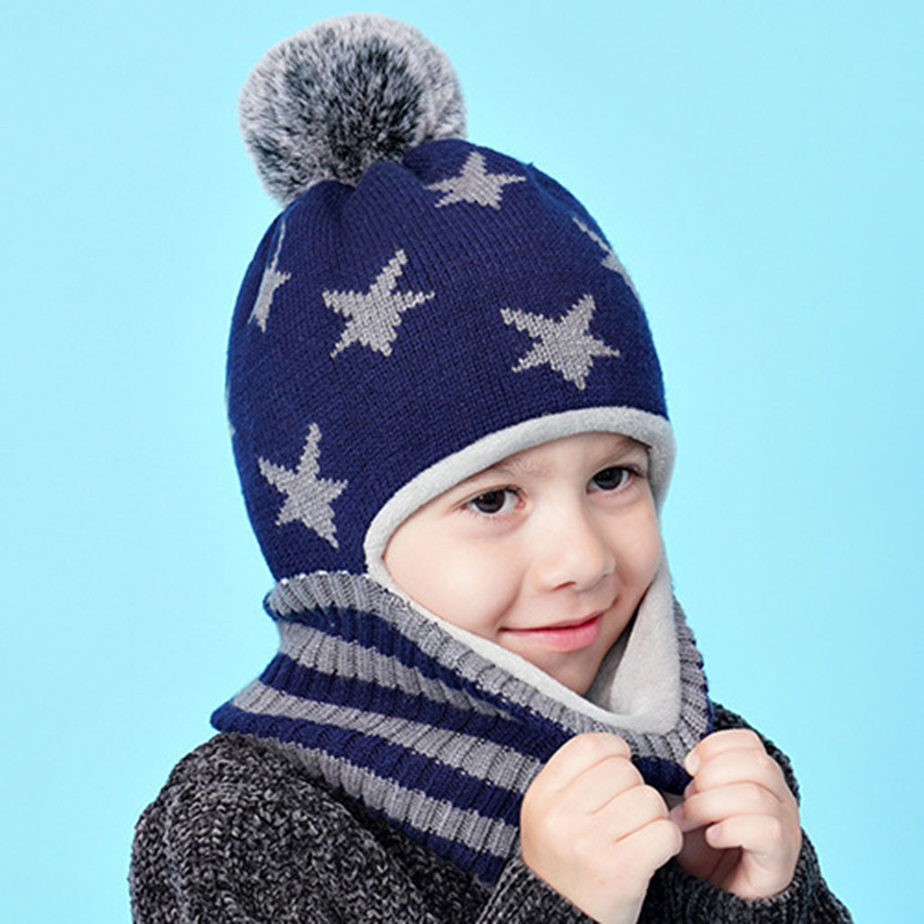 2PC Toddler Kids Baby Hat Boys Girl Pompon Hat Winter Keep Warm Cotton Knit Crochet Beanie Cap Scarf For 2-7 Years Kids Hats