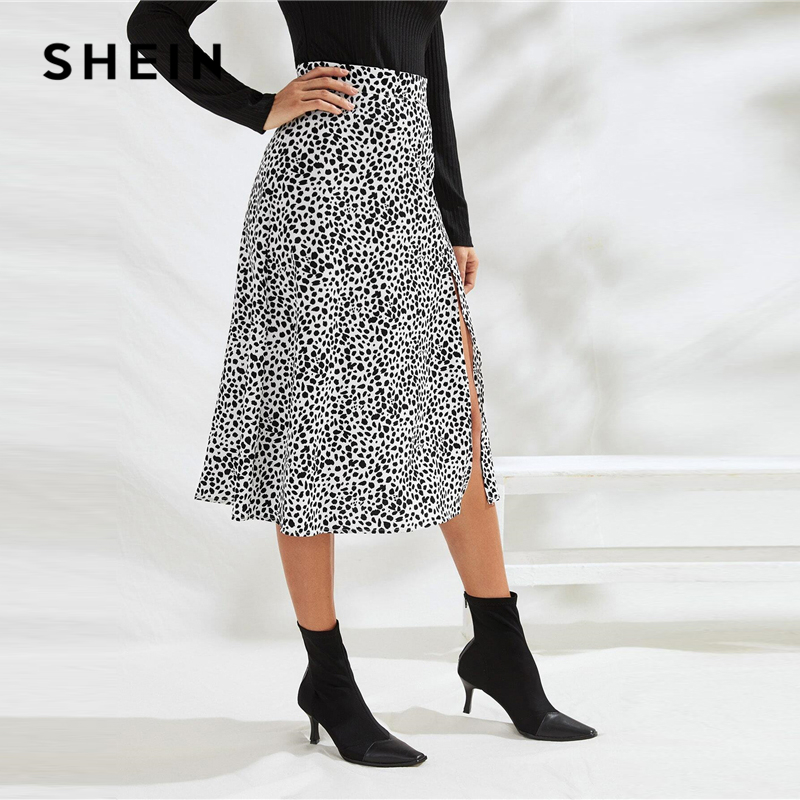 SHEIN Black And White All Over Print Split Thigh Sexy Skirt Women Bottoms 2019 Autumn Fashion Ladies Zipper Midi A Line Skirts