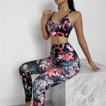 Women Yoga Set Printed Fitness Clothing High Waist Gym Leggings+Padded Push Up Sports Bra Running Sportswear Track Suit