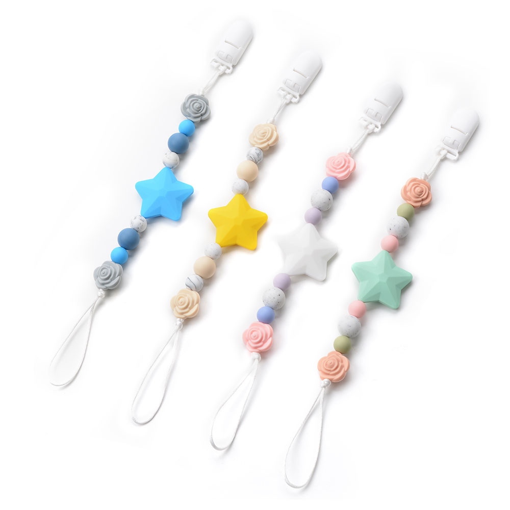LOFCA 1PC Silicone Pacifier Baby Teether Clip BPA Free Baby Teething Toys Flower Beads Necklace Baby Carrier Holder Short Chain