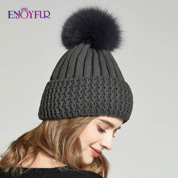 ENJOYFUR Autumn Winter Hats For Women Real Fox/Raccoon Fur Pompom Caps Fashion Female Beanies