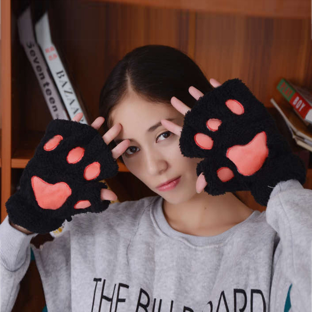 Cute Kawaii Fingerless Gloves Women Winter Warm Wrist Arm Warmer Faux Fur Knitted Keyboard Long Fingerless Gloves Mitten 2020