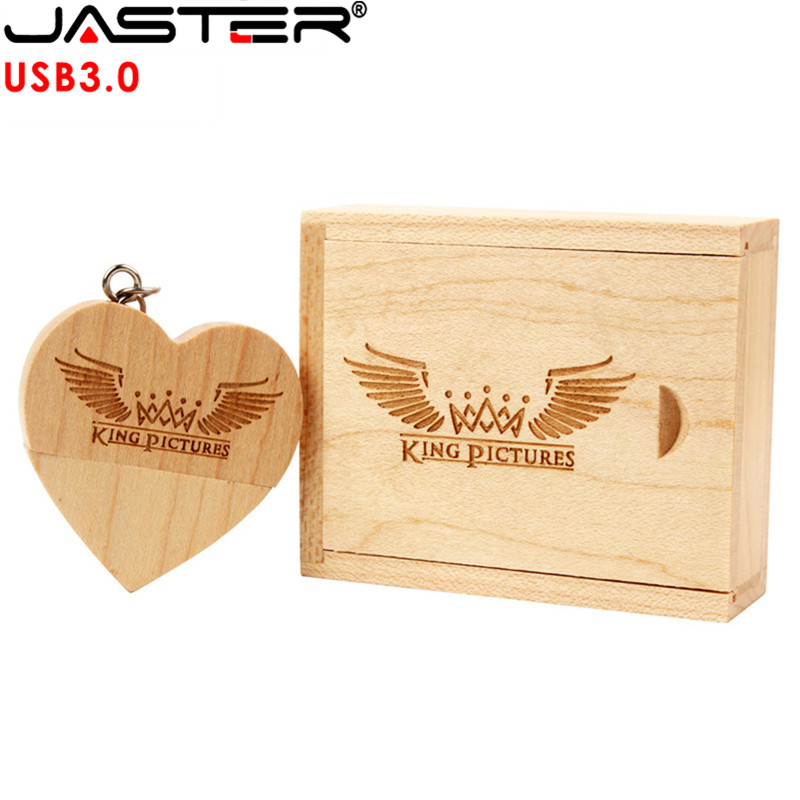 JASTER USB 3.0 Wooden heart USB Flash Drive + Packing Box pendrive 64GB 16GB 32GB photography wedding gift 1PCS free custom logo