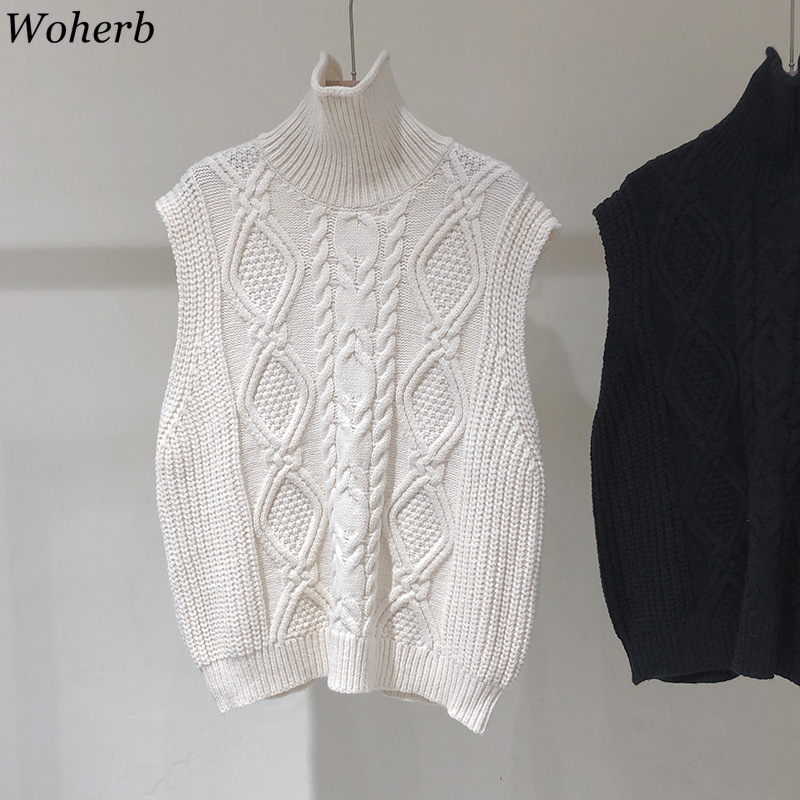 Woherb Sleeveless Tuitleneck Sweater Vest Women Knit Ribbed Short Pullover Tops Autumn Winter Clothes Loose Knitwear Tank 4G443