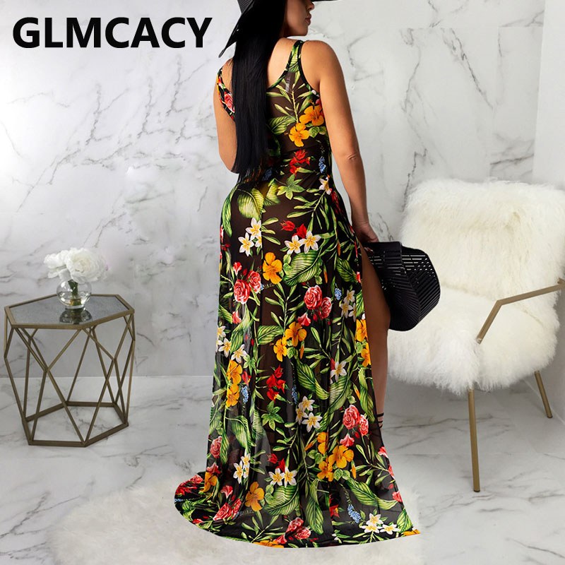 Women Tropical Printed Mesh Dress Sleeveless High Slit Maxi Dress