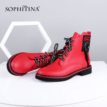 SOPHITINA Ankle Boots Red Black Cow Leather Comfortable Casual Shoes Woman High Quality Zipper Round Toe Flat Boots C642