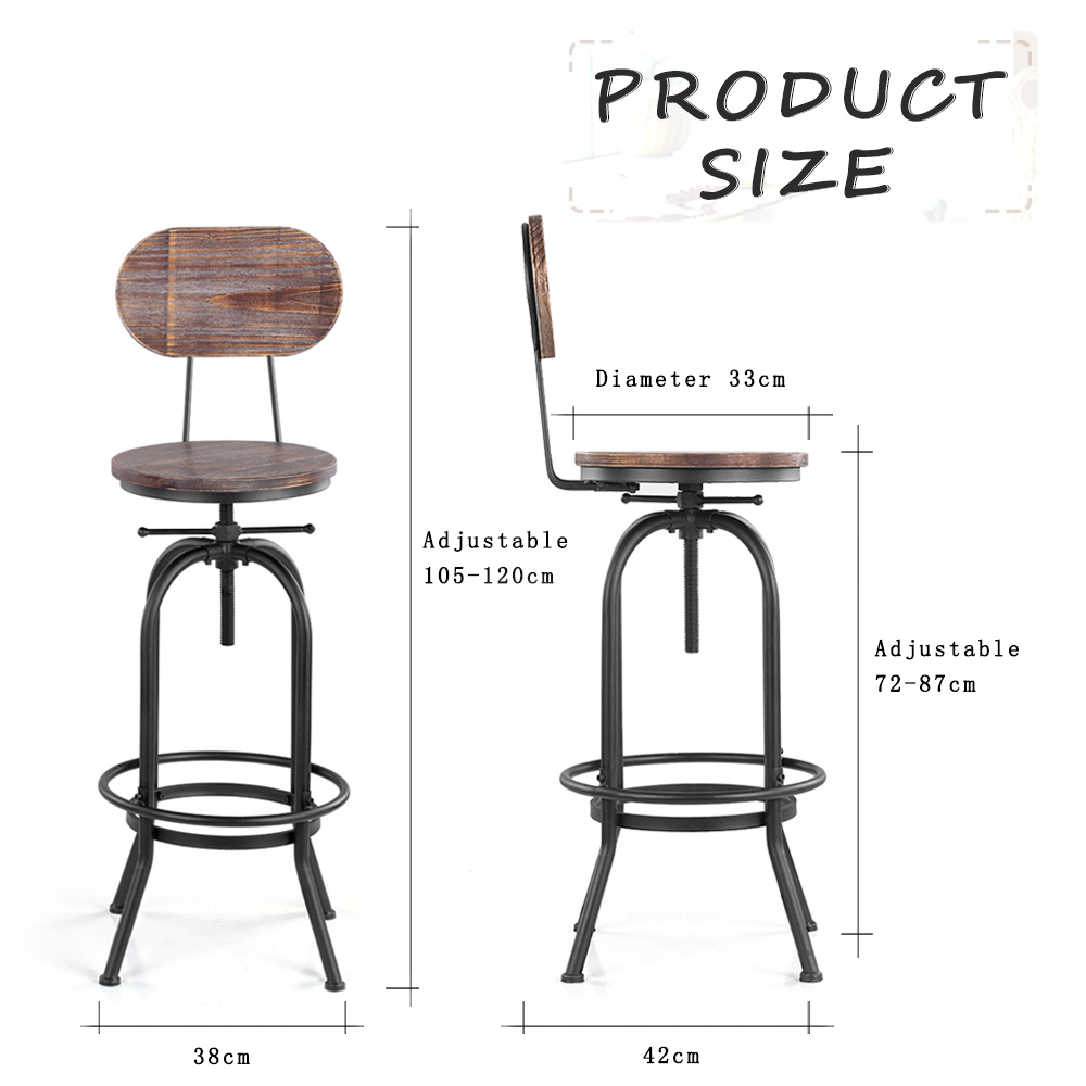 iKayaa Industrial Style Bar Chairs Stool Height Adjustable Swivel Kitchen Dining Chair Pinewood Top + Metal With Backrest