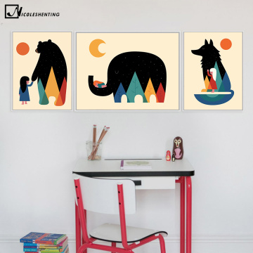 Nordic Art Cartoon Animal Poster Elephant Bear Wolf Minimalist Canvas Painting Nursery Wall Picture Kids Baby Room Decoration