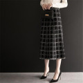Vintage Plus Size Black Plaid Tweed Skirt Women Midi Long High Waist A-line Knitted Skirt Office Lady Slim Business Work Clothes