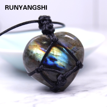 Natural Colorful Labradorite Crystal Original Moonstone Hand woven net pocket Pendant Protection Stone Craft