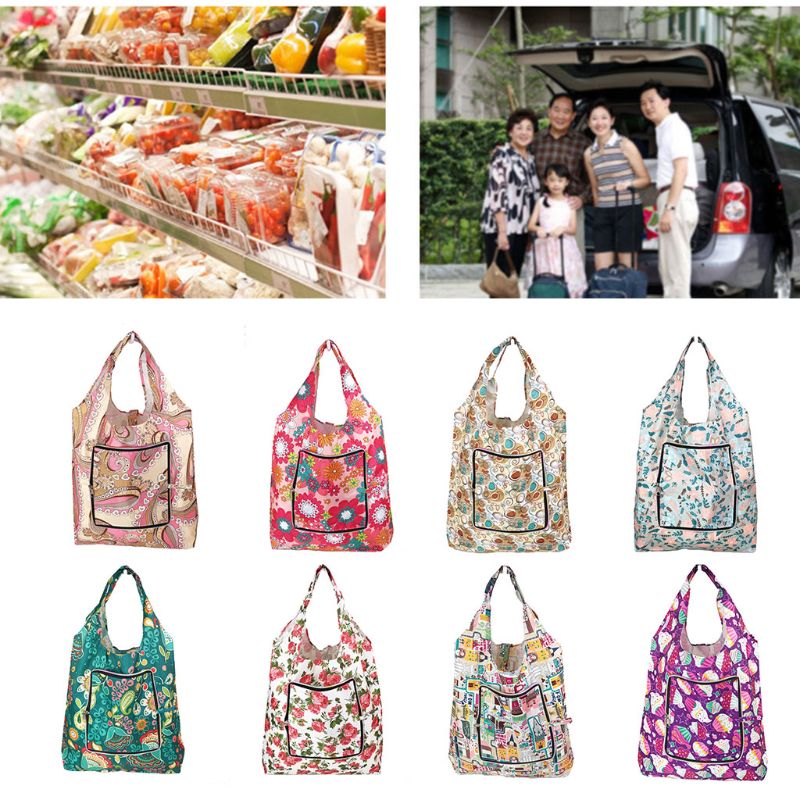 Premium Quality Foldable Handy Printing Reusable Tote Pouch Recycle Storage Handbags Organizer Shopping Bags