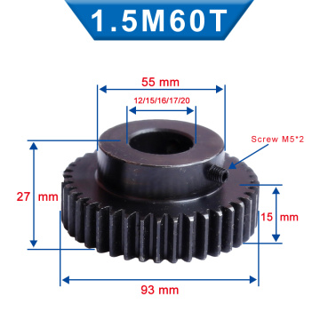 1 Piece 1.5M60T Spur Gear Bore 12 / 15 / 16 / 17 / 20 mm pinion gear Low Carbon Steel Material High Quality gear wheel for moto