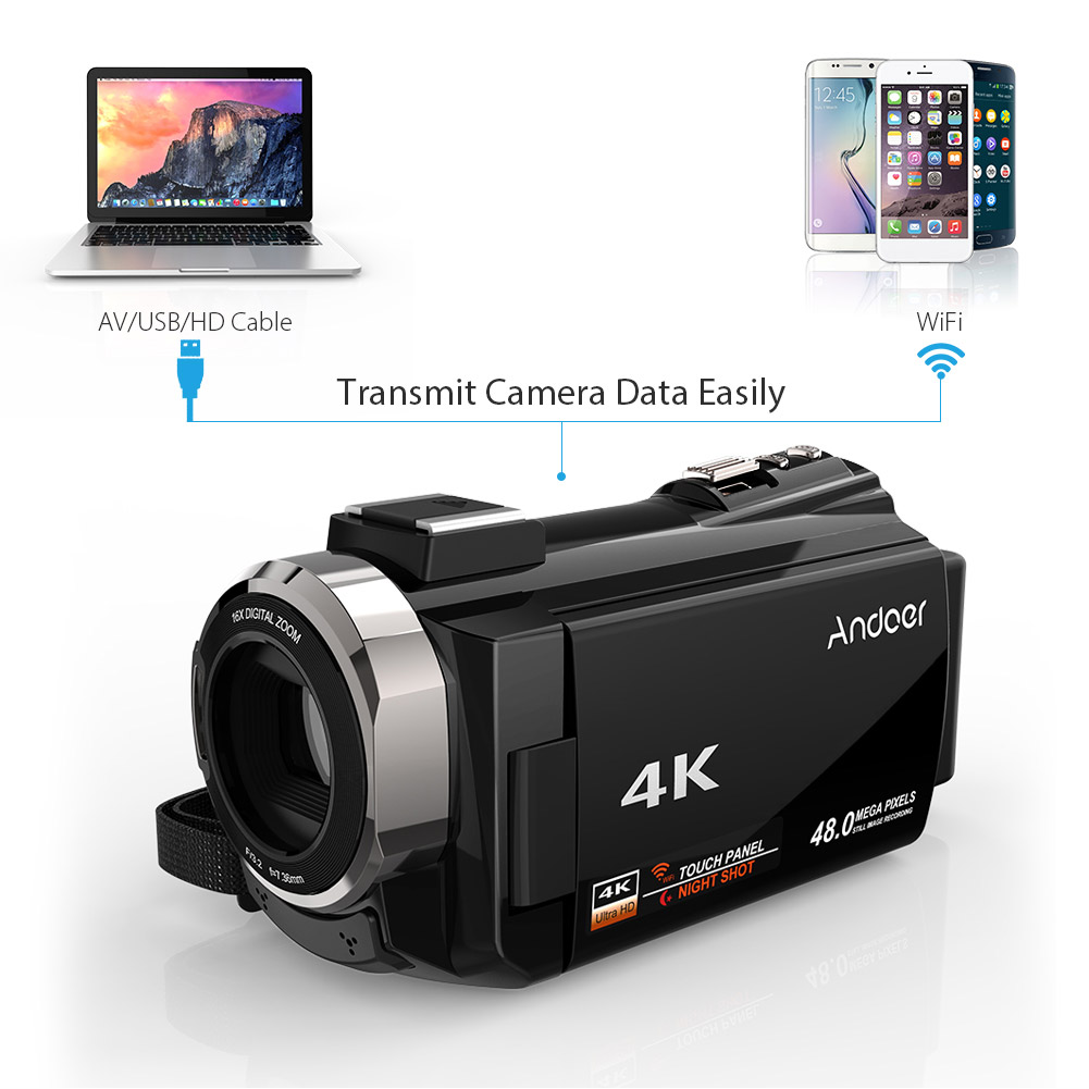 Andoer 4K 1080P 48MP WiFi Digital Video Camera Camcorder Recorder with 0.39X Wide Angle Lens External Microphone 3"Touchscreen