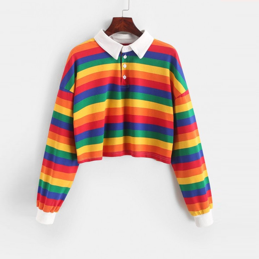40# Rainbow Hoodies Women Sweatshirt Sudaderas Color Stripe Button Long Sleeve Pullover Hoodies Sweatshirt Tops Blouse Толстовки