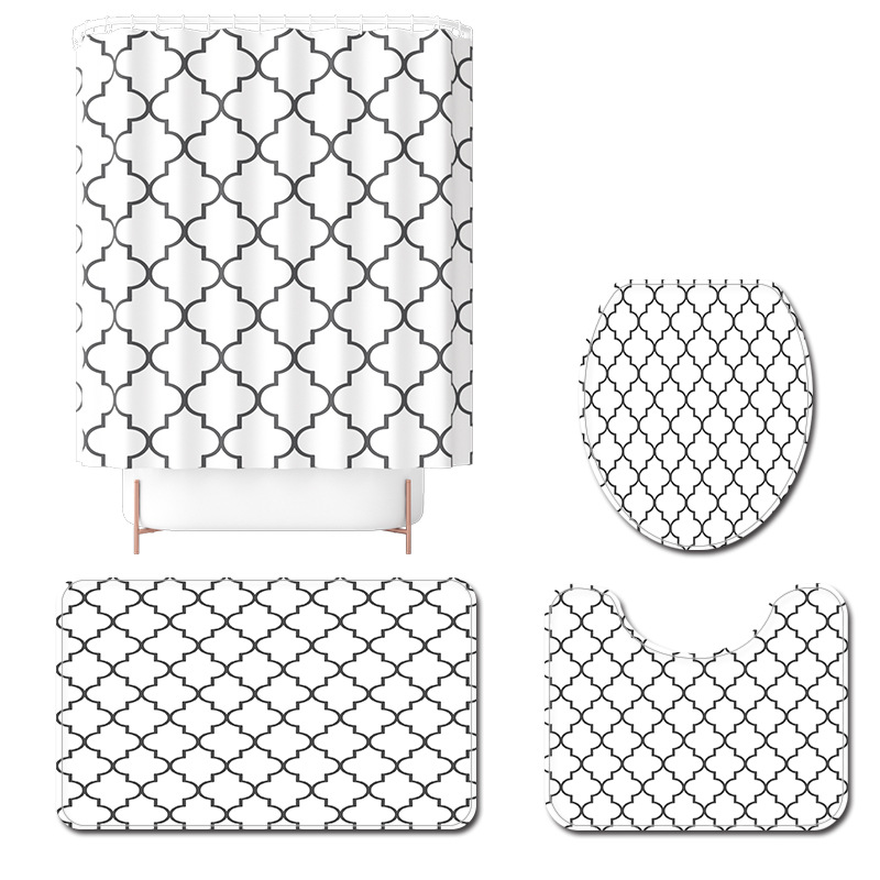 Simple Style Lantern Pattern Bath Mat Waterproof Shower Curtain Set Non-Slip Toilet Carpet Shower Mat Bathroom Set