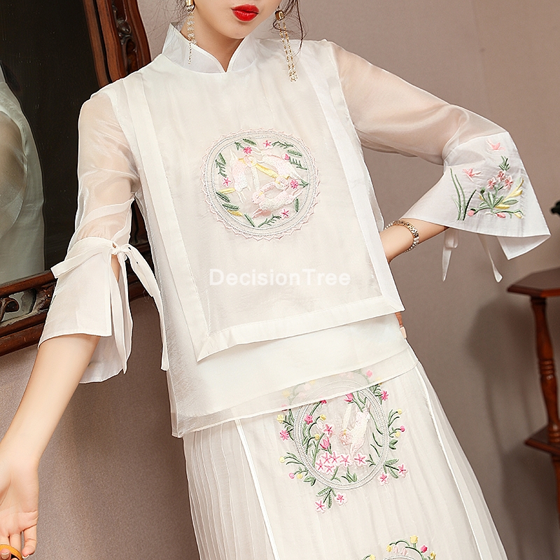 2021 chinese traditional cheongsam tops for women chiffon linen blouse mesh crane embroidery china clothing qipao top tang shirt