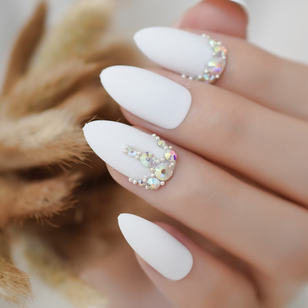 Matte Custom Fake Nails Craft White Decorative Luxury Nails Stiletto Rhinestones Designed Fingernails with Glue sticker 24pcs