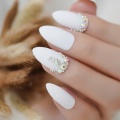 Matte Custom Fake Nails Craft White Decorative Luxury Nails Stiletto Rhinestones Designed Fingernails with Glue sticker 24pcs