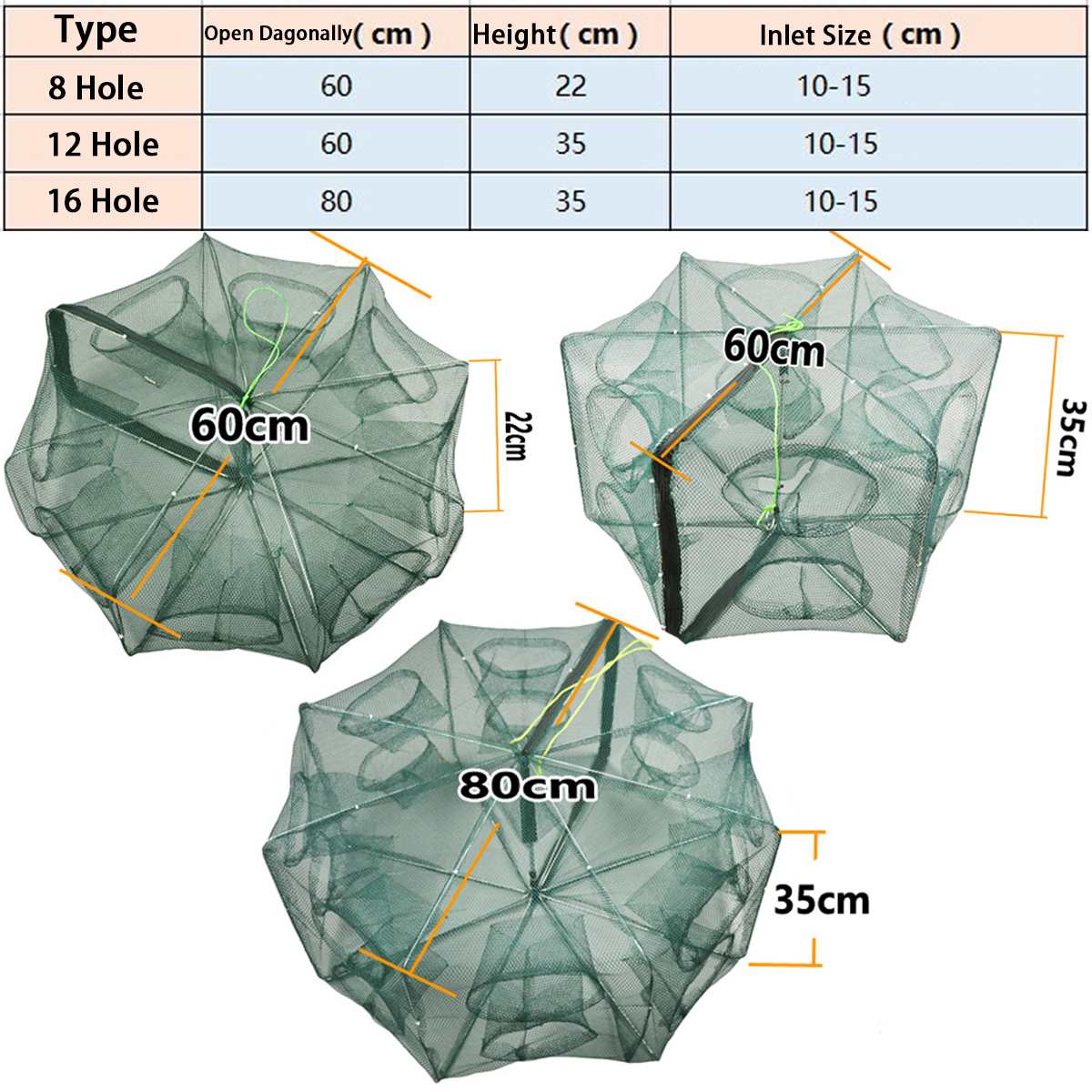 8/12/16 Holes Fishing Net Folded Portable Hexagon Fish Network Casting Nets Crayfish Shrimp Catcher Tank Trap China Cages Mesh