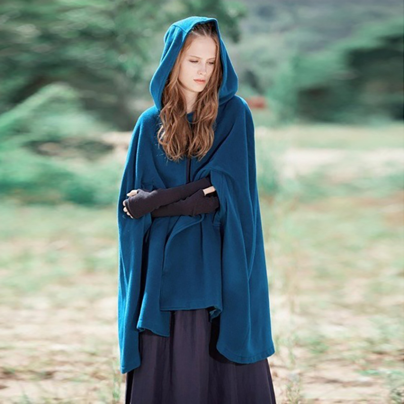 Winter Cloak Jacket Wool Women Gothic Hooded Capes Shawl Solid Coat Ponchos Cape Poncho Loose Female Cloak Jacket