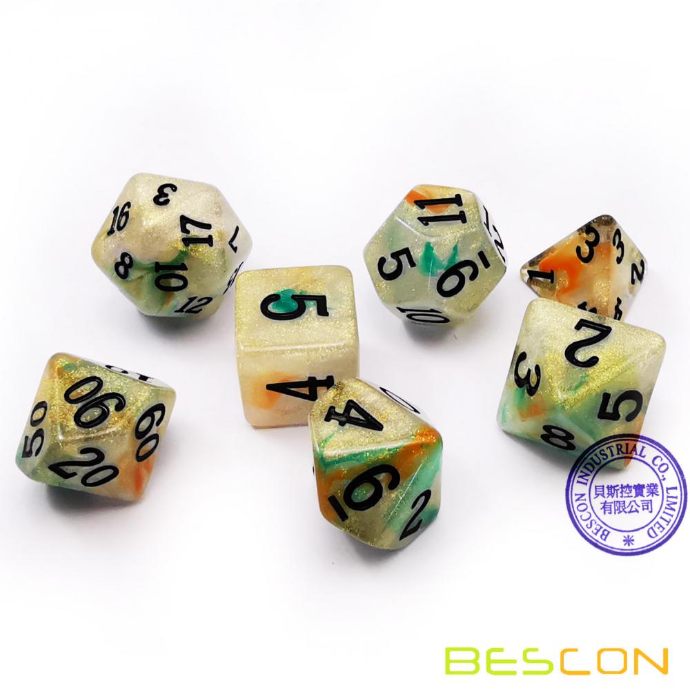 Bescon Magical Stone Dice Set Series, 7pcs Polyhedral RPG Dice Set Gold Ore, Tinbox Set