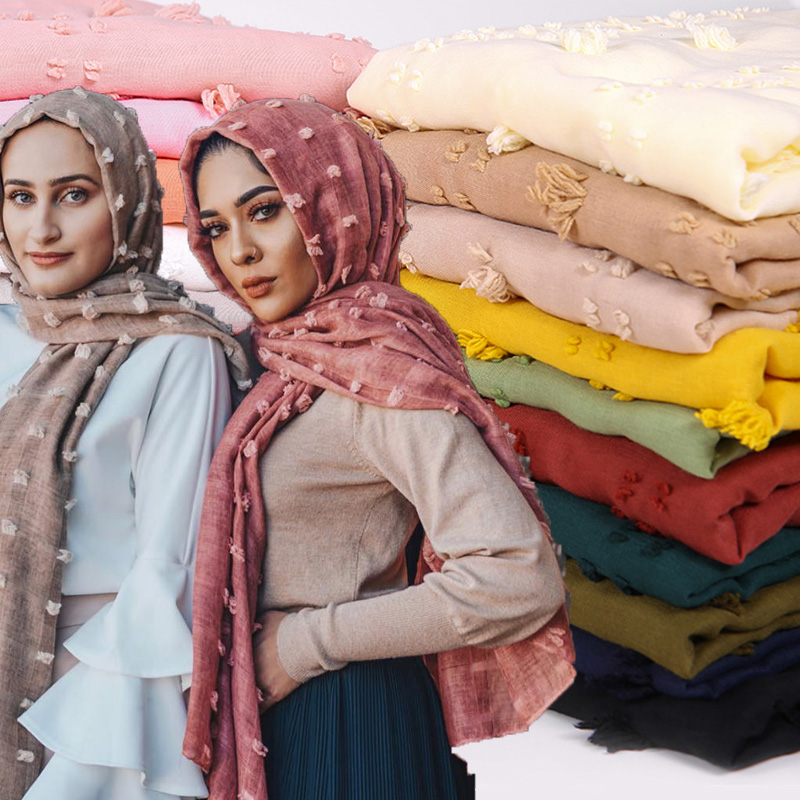 Pom Pom Cotton Hijab Scarf Plain Soft Ball Shawls Muslim Scarves Headscarf Solid Color Wraps Turbans Handmade Scarves 22 Color