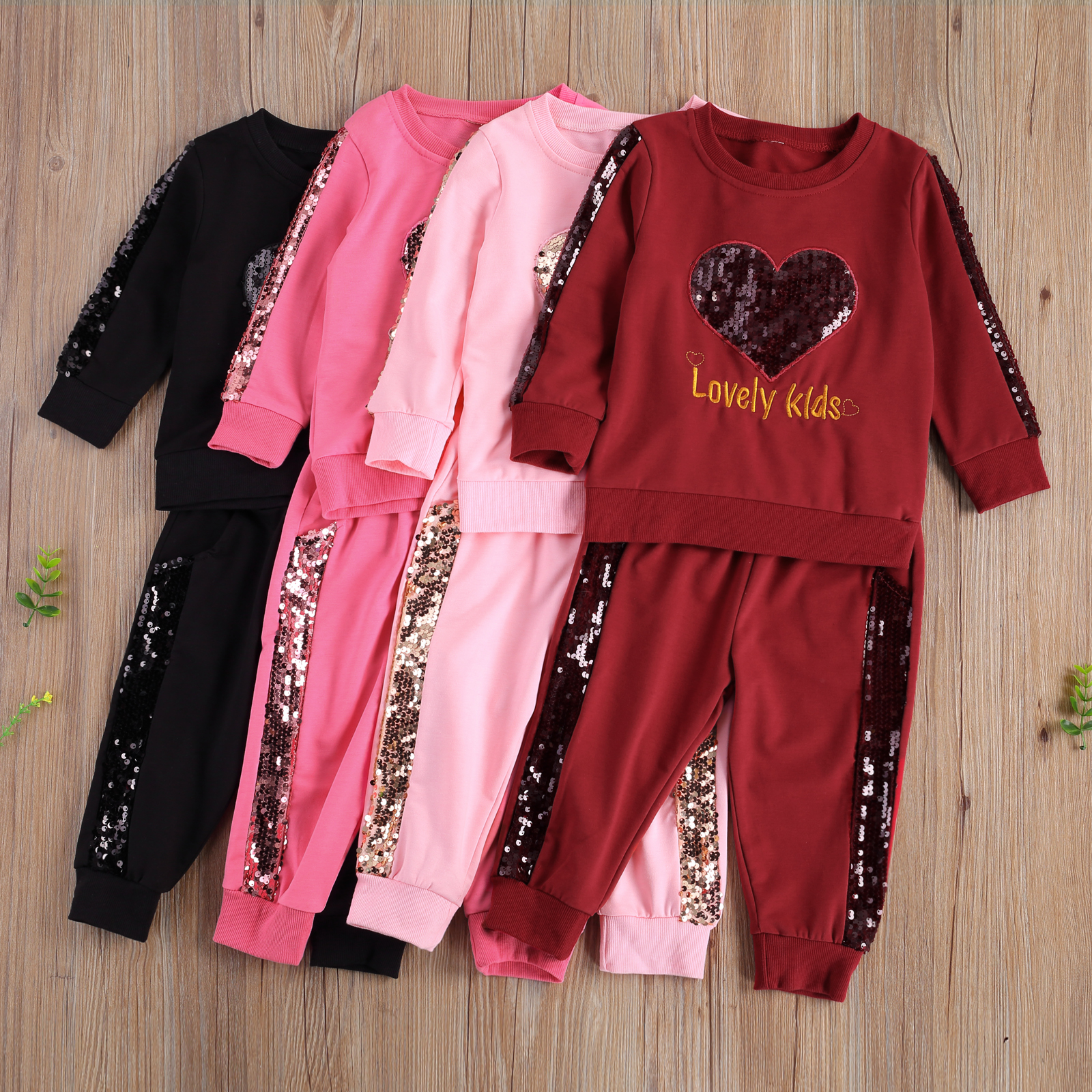 Kid Baby Girl Sequined Top Hoodie, Lace-up Pants, Round Collar Long Sleeves Heart Patchwork Top Side Pocket Jogger Trousers 1-6Y