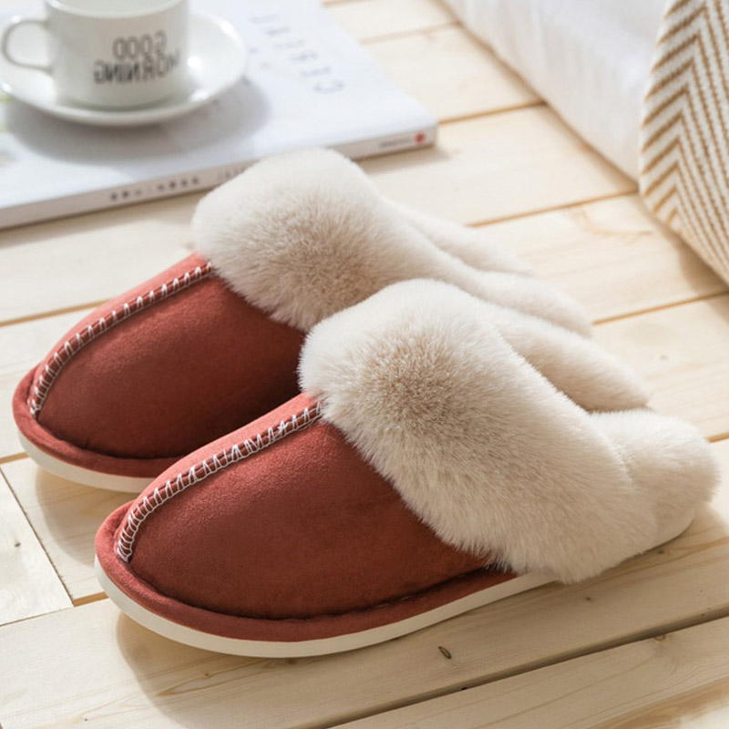 Women Slippers Furry Winter Warm Suede Shoes Flat Slides Comfortable Home Slippers Slip On Rubber Footwear Soft Plus Size 36-47