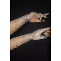 Stretch Rhinestones Gloves Fashion Mesh Transparent Long Mittens Lady Singer Dancer Stage Performance Wear Crystal Stones Gloves